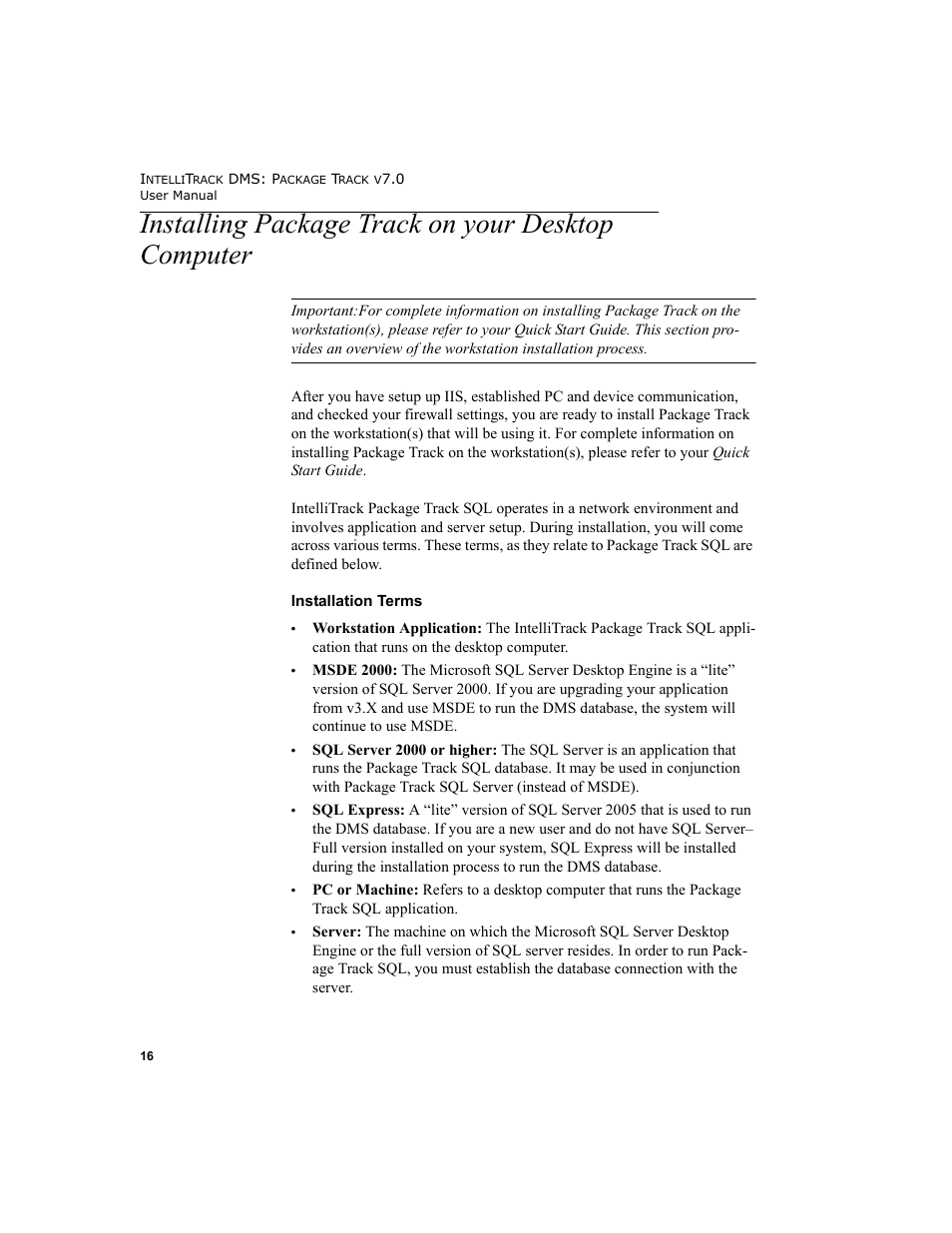Installing package track on your desktop computer, Installing package track on your desktop, Computer 16 | IntelliTrack Package Track User Manual | Page 32 / 230