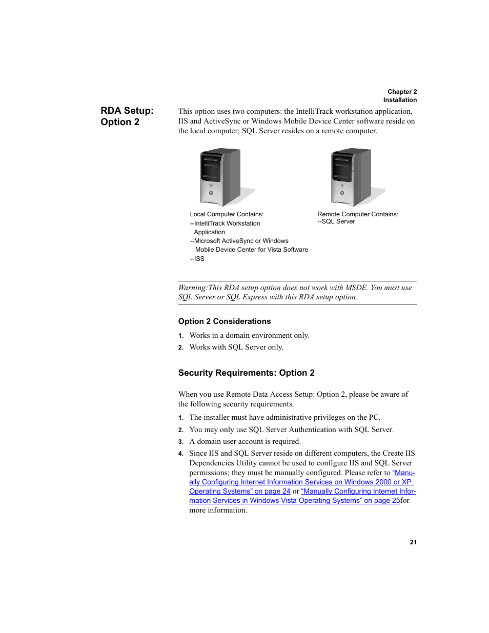 Rda setup: option 2, Security requirements: option 2 | IntelliTrack Package Track User Manual | Page 37 / 230