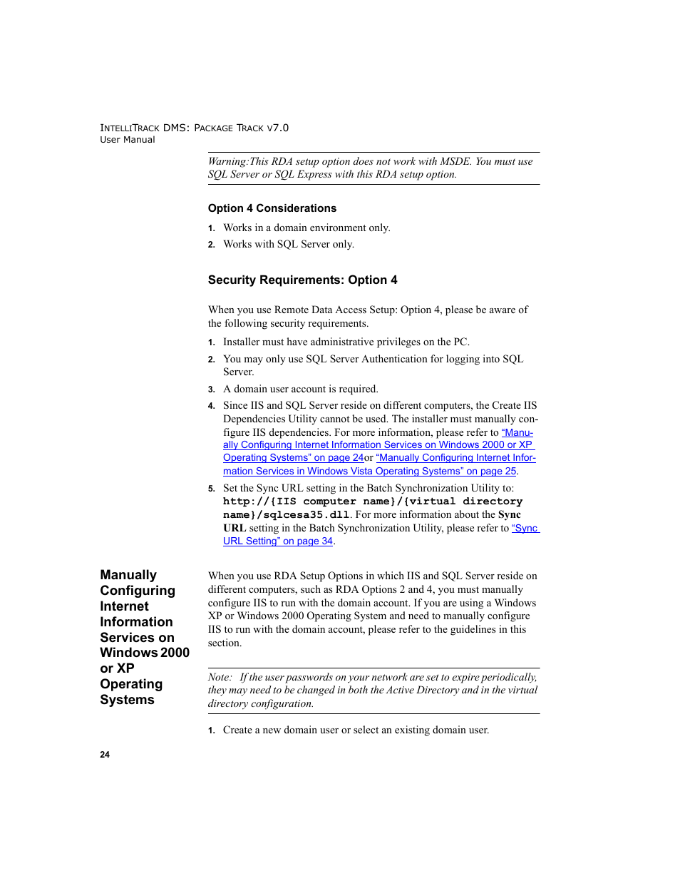 Security requirements: option 4, Windows 2000 or xp operating systems, Manu | IntelliTrack Package Track User Manual | Page 40 / 230