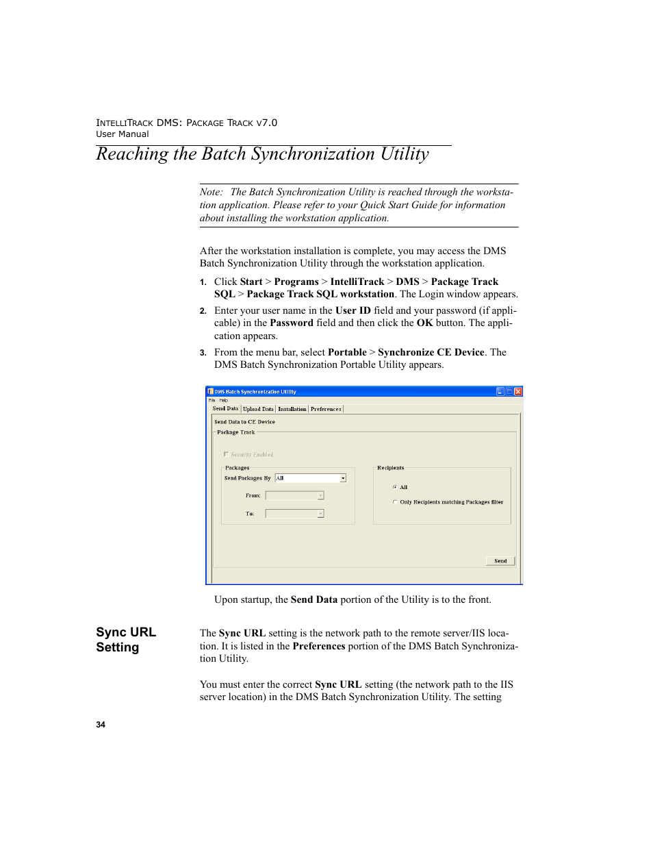 Reaching the batch synchronization utility, Sync url setting, Tons | Sync url setting” on, Reaching the batch synchronization utility 34, Sync | IntelliTrack Package Track User Manual | Page 50 / 230