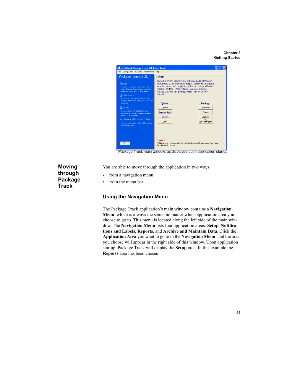 Moving through package track, Using the navigation menu, Moving through package track 45 | IntelliTrack Package Track User Manual | Page 61 / 230