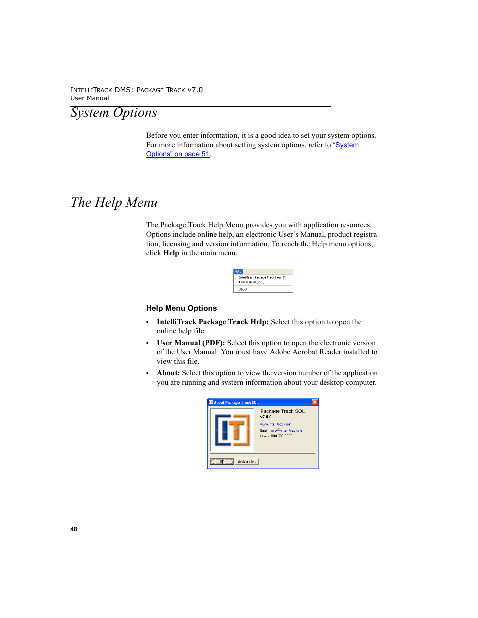 System options, The help menu, System options the help menu | System options 48, The help menu 48 | IntelliTrack Package Track User Manual | Page 64 / 230