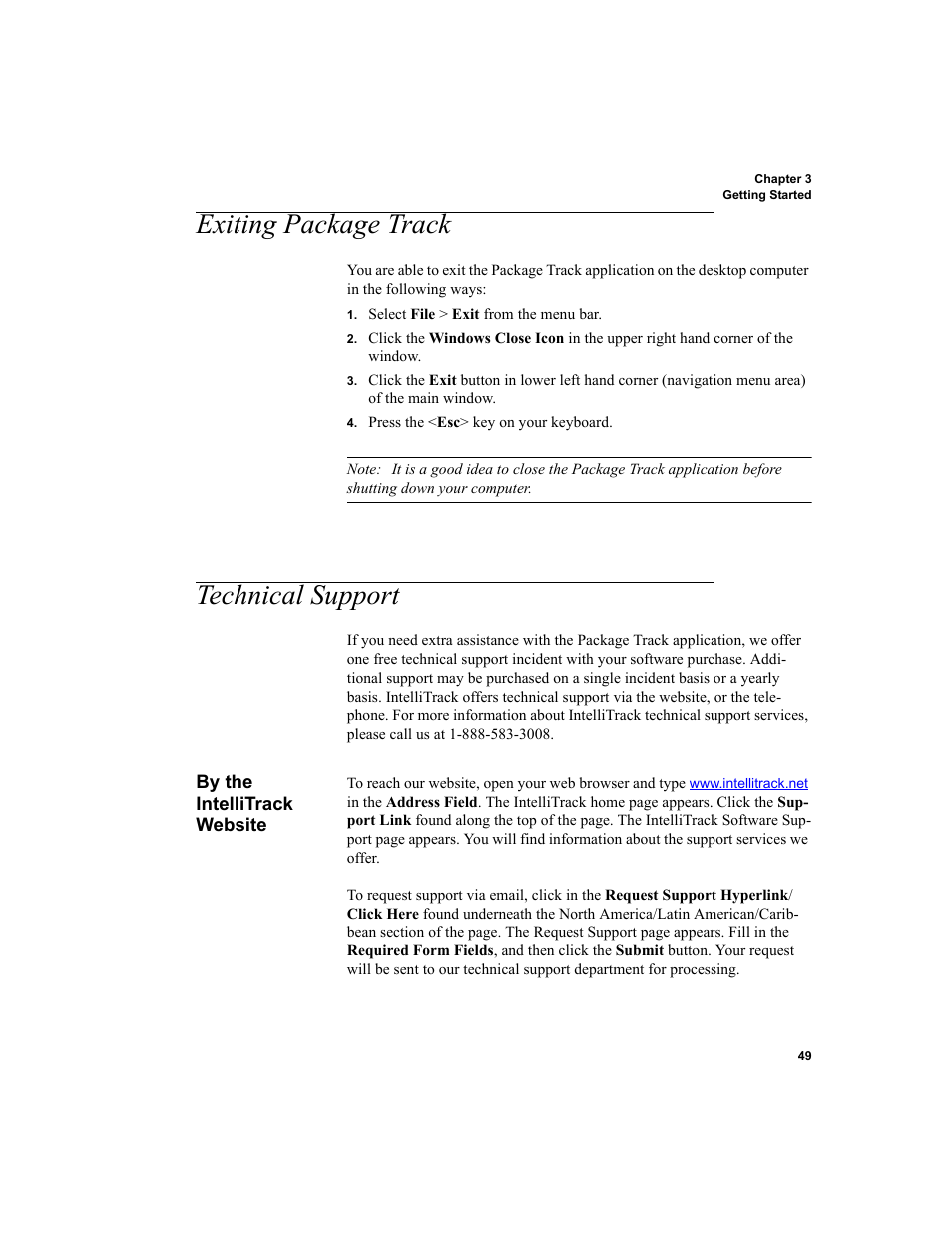 Exiting package track, Technical support, By the intellitrack website | Exiting package track technical support, Exiting package track 49, Technical support 49, By the intellitrack website 49 | IntelliTrack Package Track User Manual | Page 65 / 230