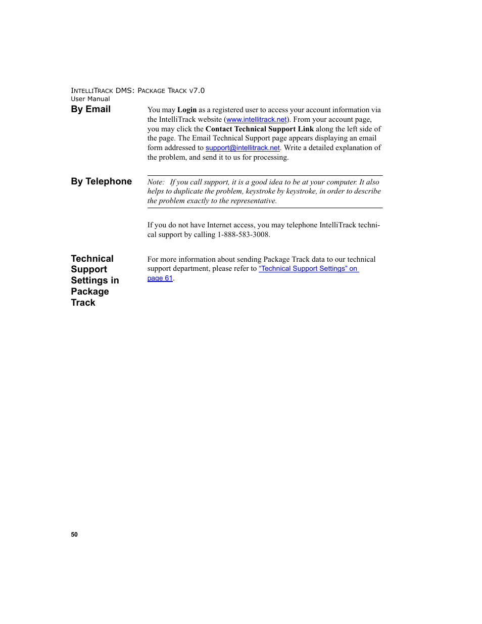 By email, By telephone, Technical support settings in package track | By email 50, By telephone 50, Technical support settings in package track 50 | IntelliTrack Package Track User Manual | Page 66 / 230