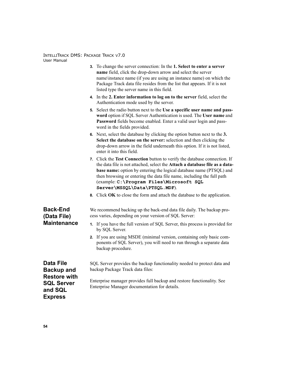 Back-end (data file) maintenance, Back-end (data file) maintenance 54, Data file backup and restore with sql server and | Sql express 54 | IntelliTrack Package Track User Manual | Page 70 / 230