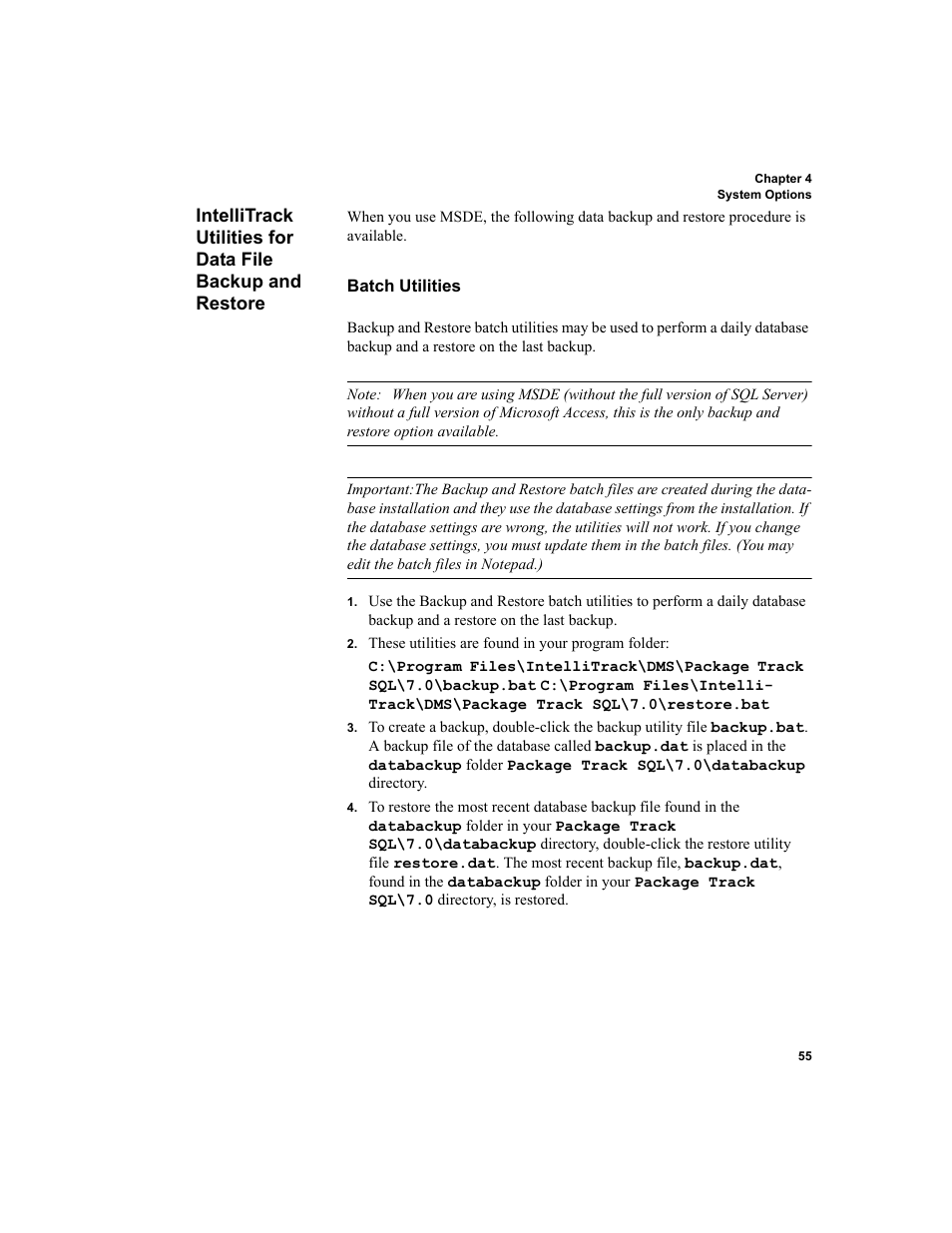 Intellitrack utilities, Batch utilities, Intellitrack utilities for data file backup and | Restore 55 | IntelliTrack Package Track User Manual | Page 71 / 230