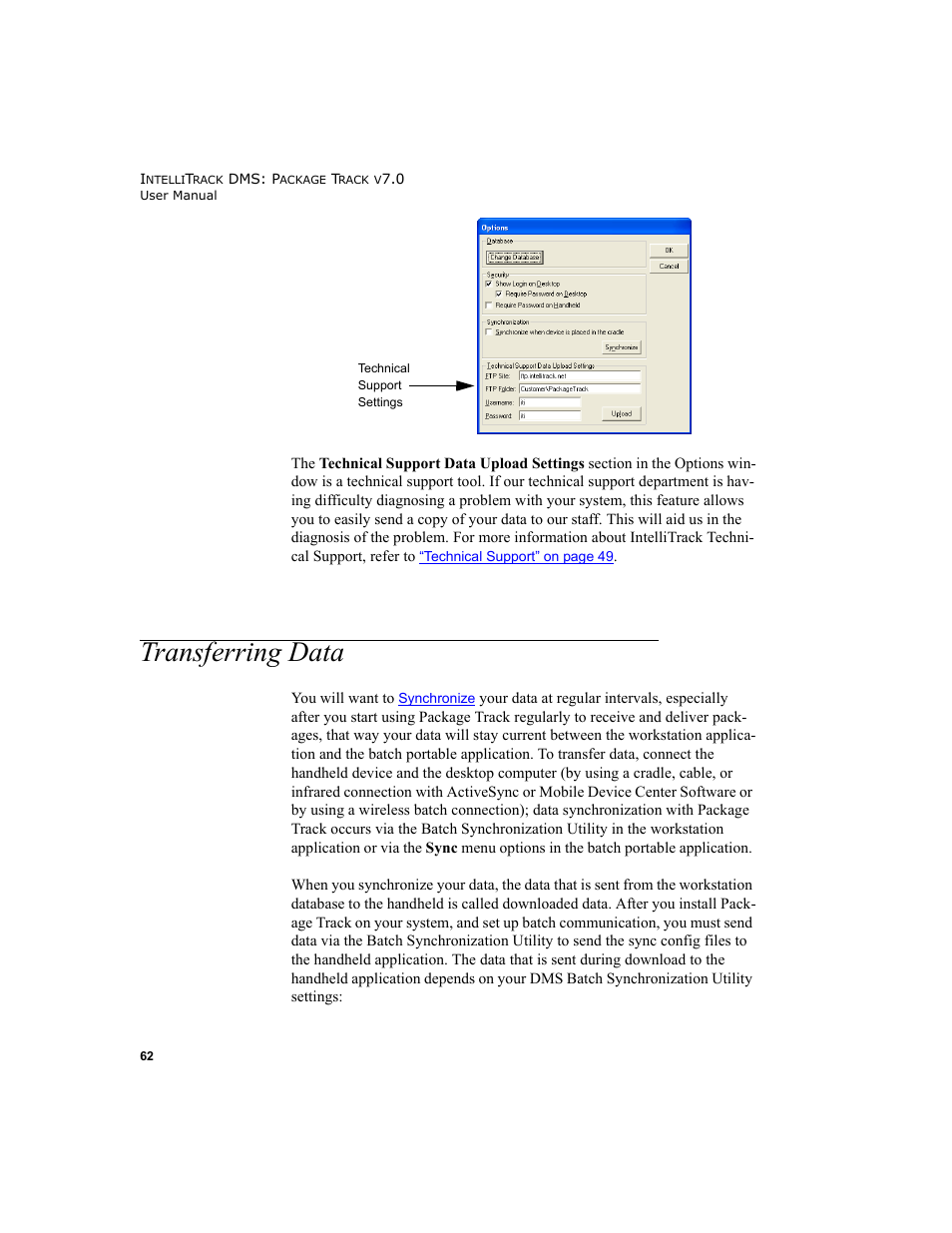 Transferring data, Transferring data 62 | IntelliTrack Package Track User Manual | Page 78 / 230