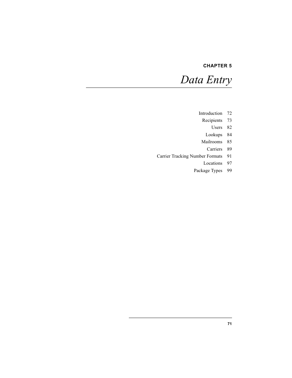Chapter 5, Data entry, Chapter 5: data entry | IntelliTrack Package Track User Manual | Page 87 / 230