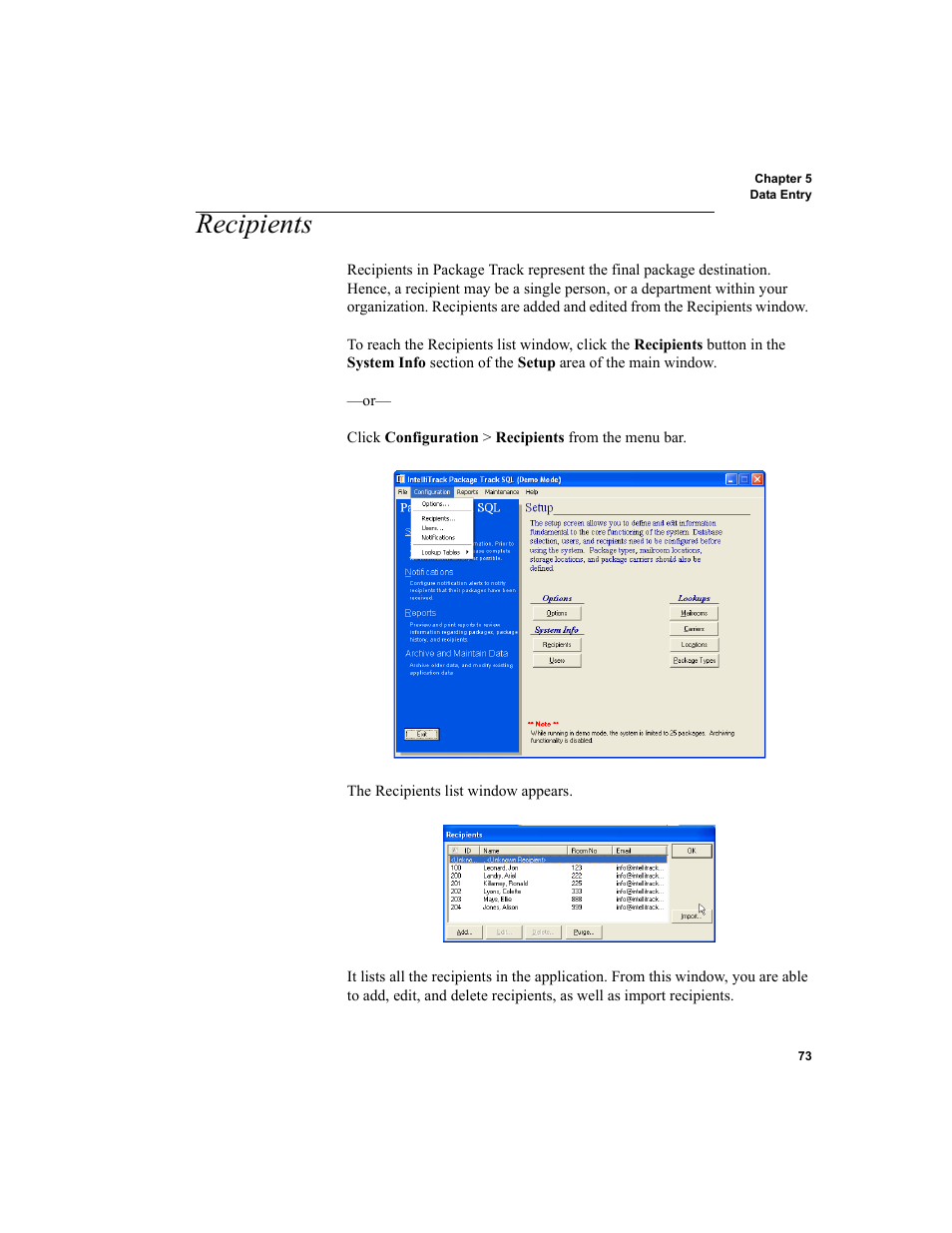 Recipients, Recipients 73 | IntelliTrack Package Track User Manual | Page 89 / 230