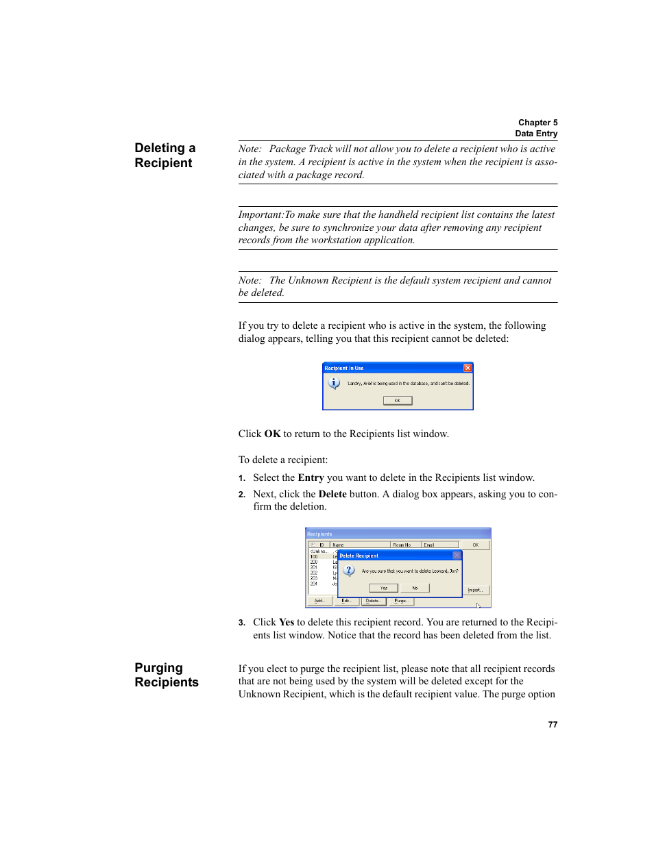 Deleting a recipient, Purging recipients, Deleting a recipient purging recipients | IntelliTrack Package Track User Manual | Page 93 / 230