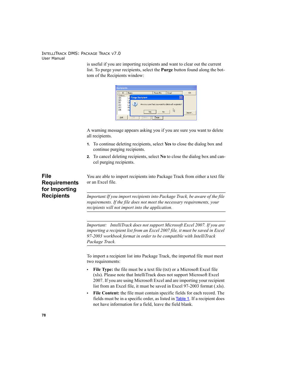 File requirements for importing recipients, File requirements for import | IntelliTrack Package Track User Manual | Page 94 / 230