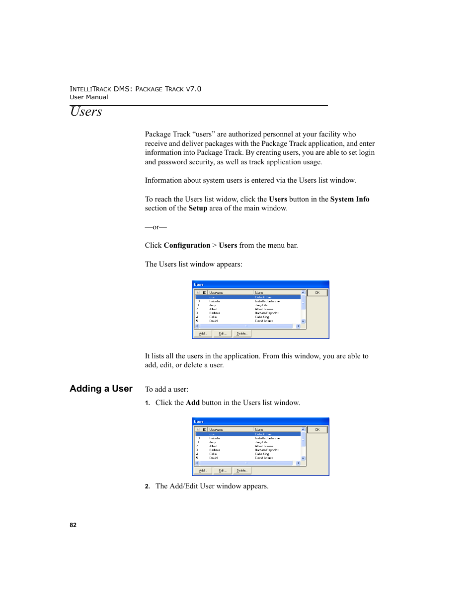 Users, Adding a user, Users 82 | IntelliTrack Package Track User Manual | Page 98 / 230