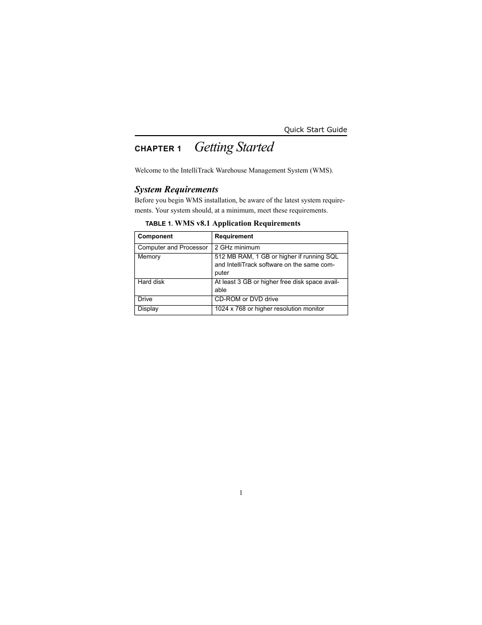 Chapter 1 getting started, System requirements, Chapter 1 | Getting s, System requirements 1, Getting started | IntelliTrack WMS – Warehouse Management System User Manual | Page 5 / 34