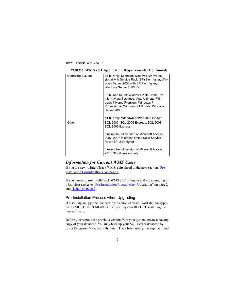 Information for current wms users, Pre-installation process when upgrading | IntelliTrack WMS – Warehouse Management System User Manual | Page 6 / 34