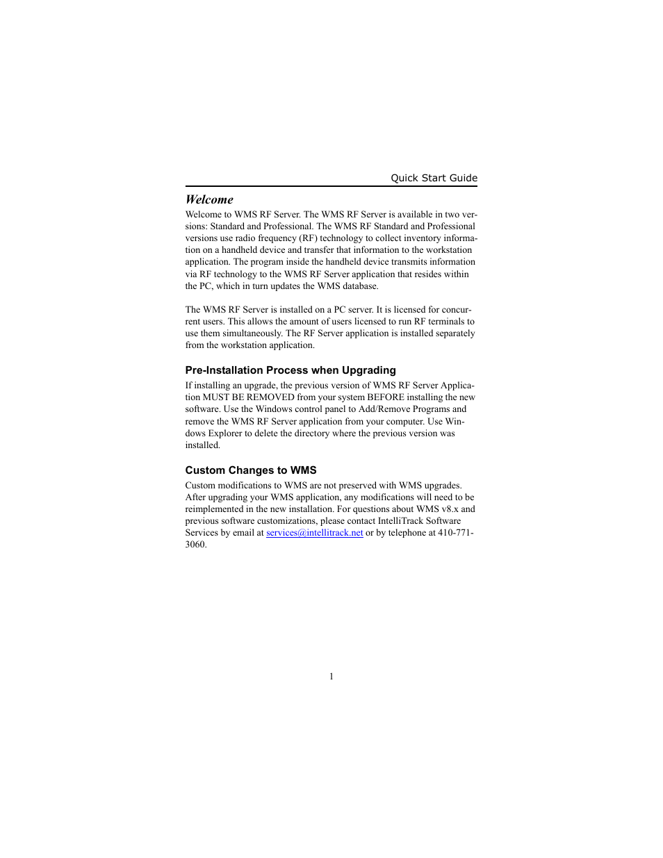 Welcome, Pre-installation process when upgrading, Custom changes to wms | IntelliTrack WMS – Warehouse Management System User Manual | Page 5 / 12