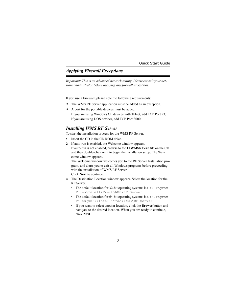 Applying firewall exceptions, Installing wms rf server, Installing wms rf server 5 | IntelliTrack WMS – Warehouse Management System User Manual | Page 9 / 12