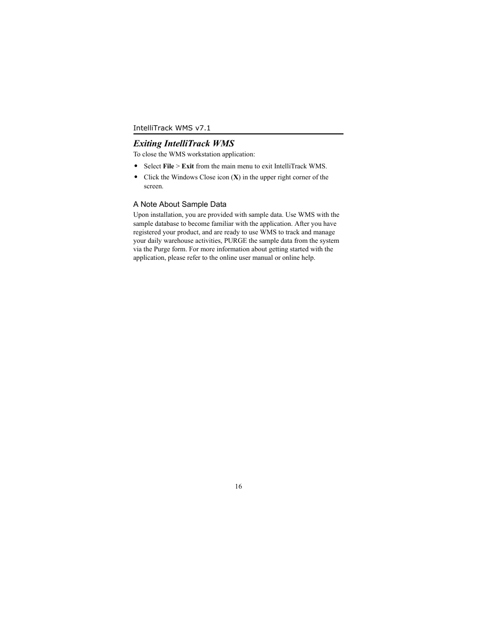 Exiting intellitrack wms, A note about sample data | IntelliTrack WMS – Warehouse Management System User Manual | Page 20 / 26