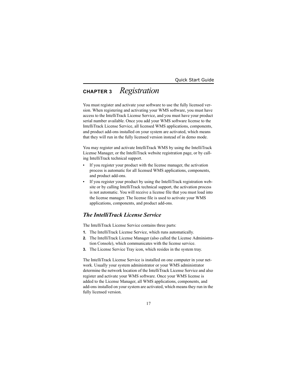 Chapter 3 registration, The intellitrack license service, Chapter 3 | Registration, The intellitrack license service 17 | IntelliTrack WMS – Warehouse Management System User Manual | Page 21 / 26