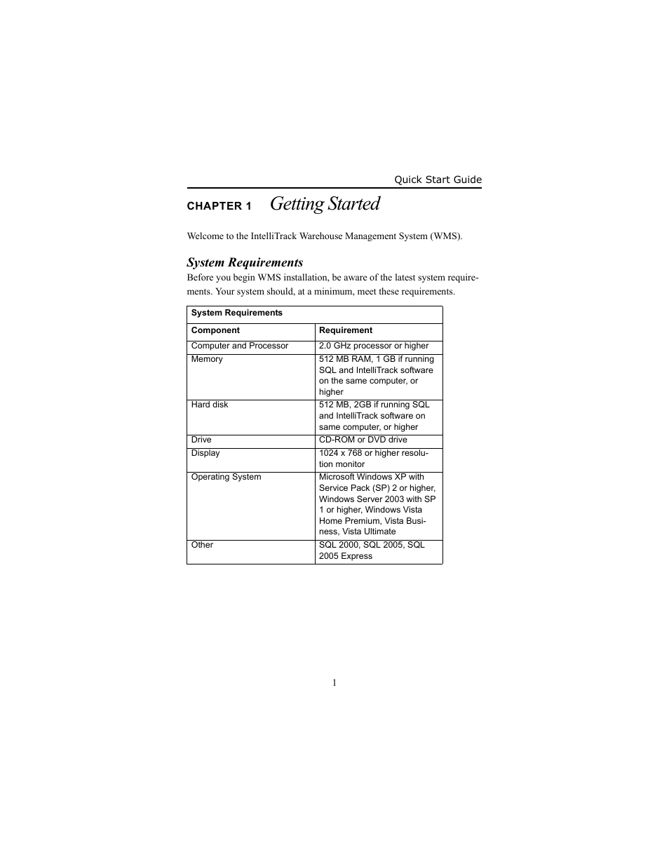 Chapter 1 getting started, System requirements, Chapter 1 | Getting s, System requirements 1, Getting started | IntelliTrack WMS – Warehouse Management System User Manual | Page 5 / 26
