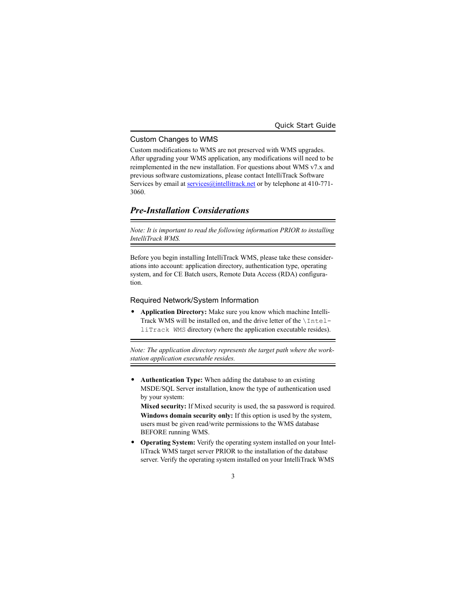 Custom changes to wms, Pre-installation considerations, Required network/system information | Pre-installation considerations 3, Required network/system information 3, Section | IntelliTrack WMS – Warehouse Management System User Manual | Page 7 / 26