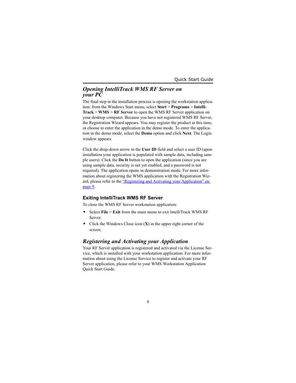 Opening intellitrack wms rf server on your pc, Exiting intellitrack wms rf server, Registering and activating your application | Opening intellitrack wms rf server on your pc 9 | IntelliTrack WMS – Warehouse Management System User Manual | Page 13 / 14