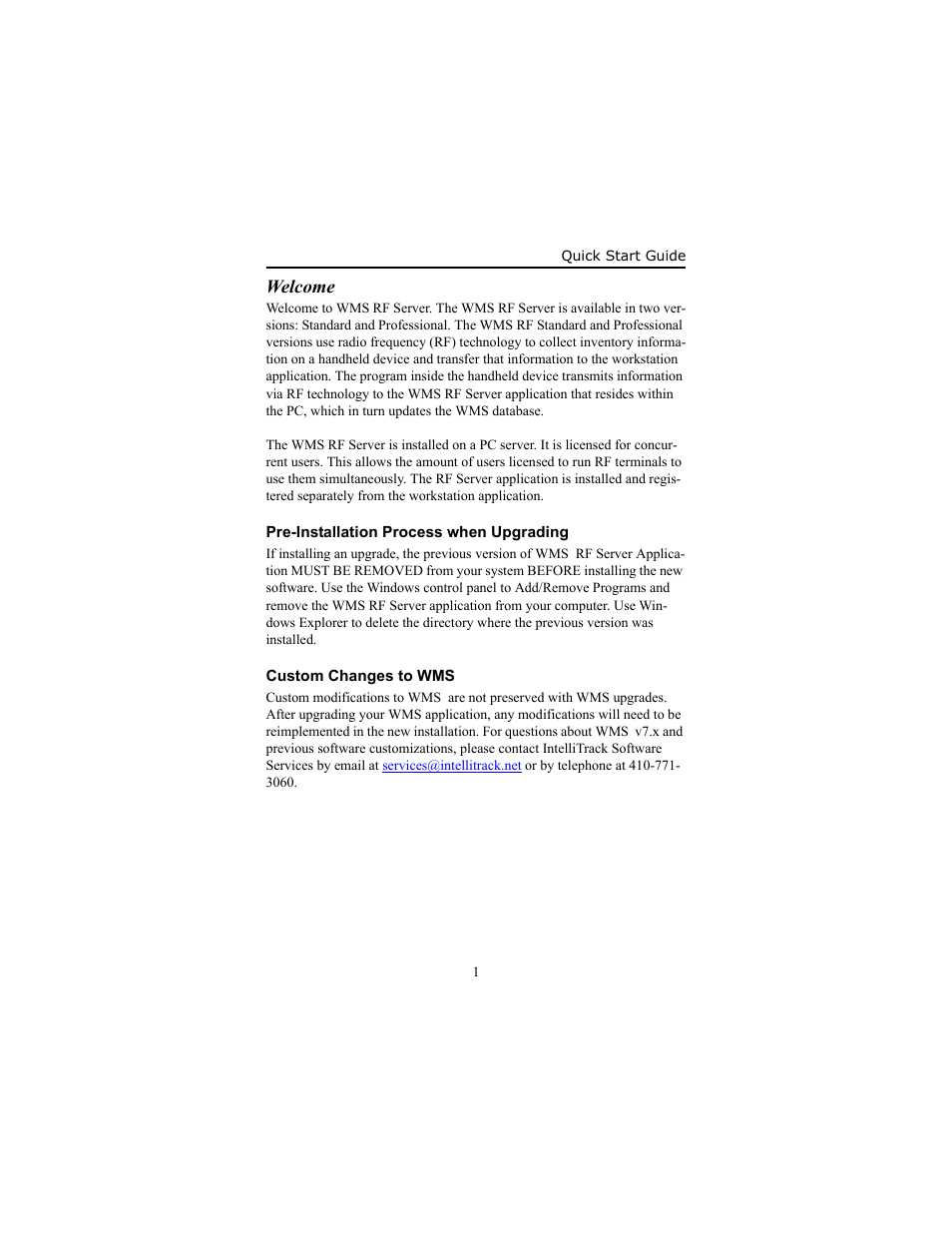 Welcome, Pre-installation process when upgrading, Custom changes to wms | Custom changes to wms 1 | IntelliTrack WMS – Warehouse Management System User Manual | Page 5 / 14