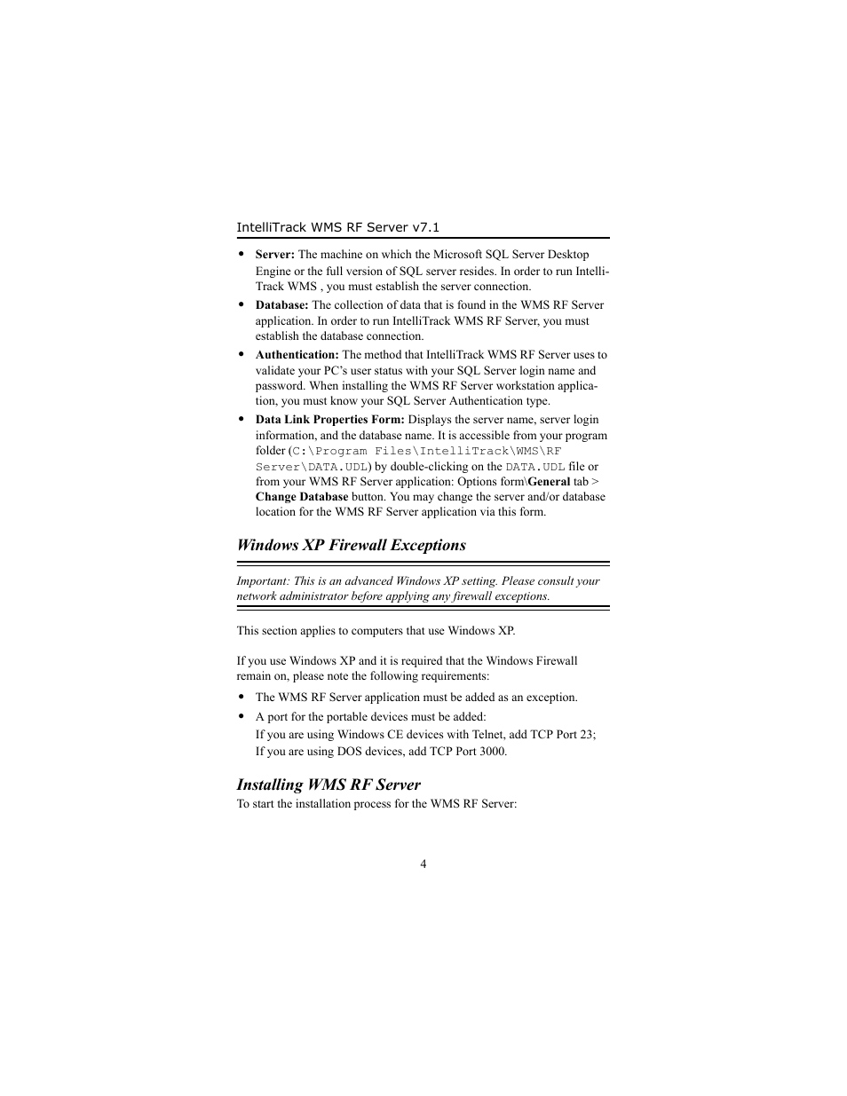 Windows xp firewall exceptions, Installing wms rf server, Installing wms rf server 4 | IntelliTrack WMS – Warehouse Management System User Manual | Page 8 / 14