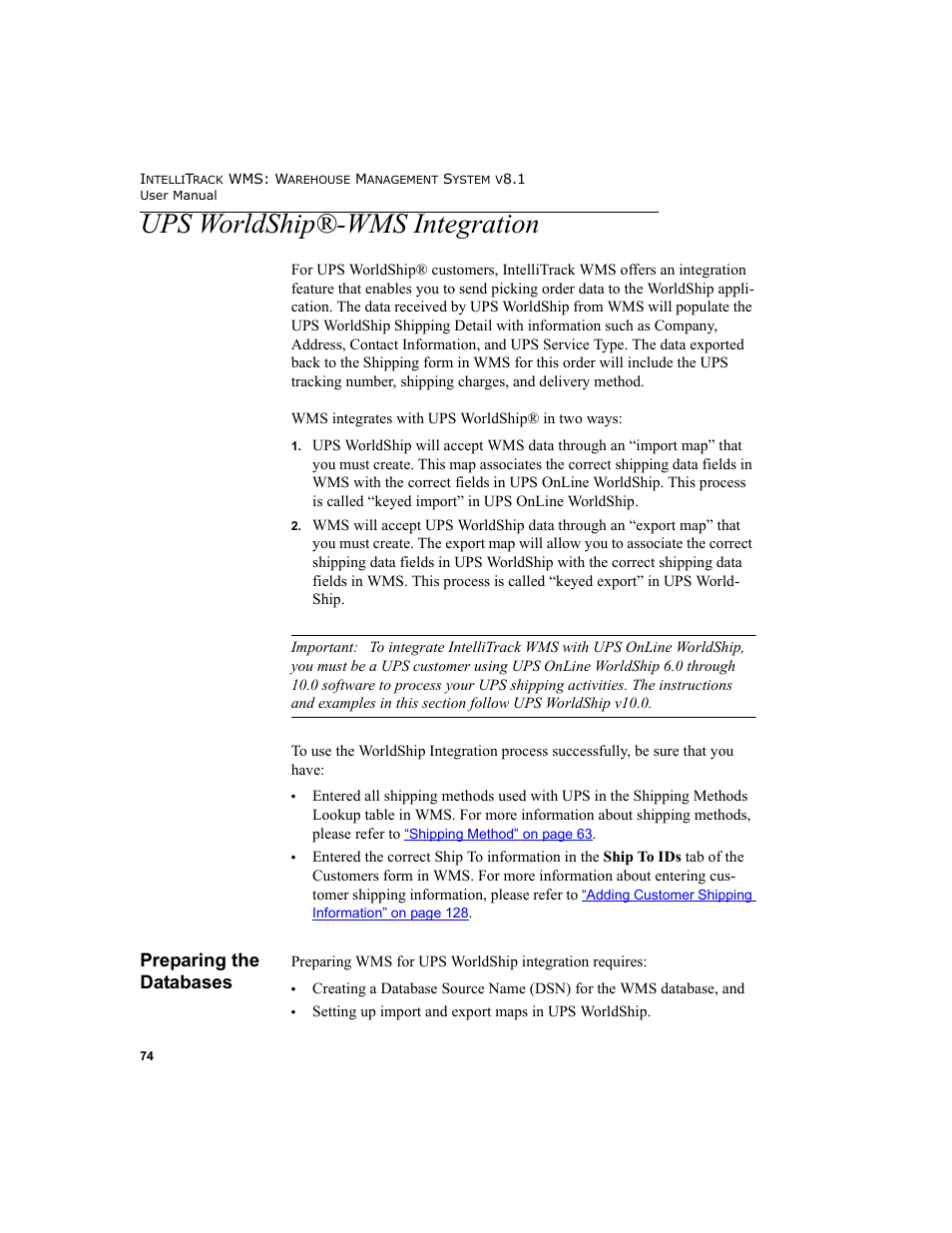 Ups worldship®-wms integration, Preparing the databases | IntelliTrack WMS – Warehouse Management System User Manual | Page 100 / 466