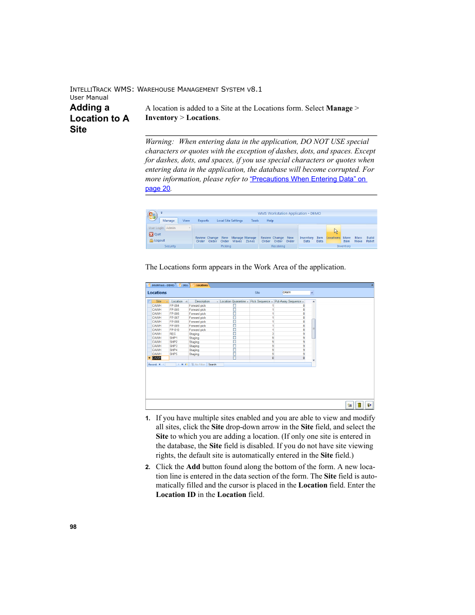 Adding a location to a site | IntelliTrack WMS – Warehouse Management System User Manual | Page 124 / 466