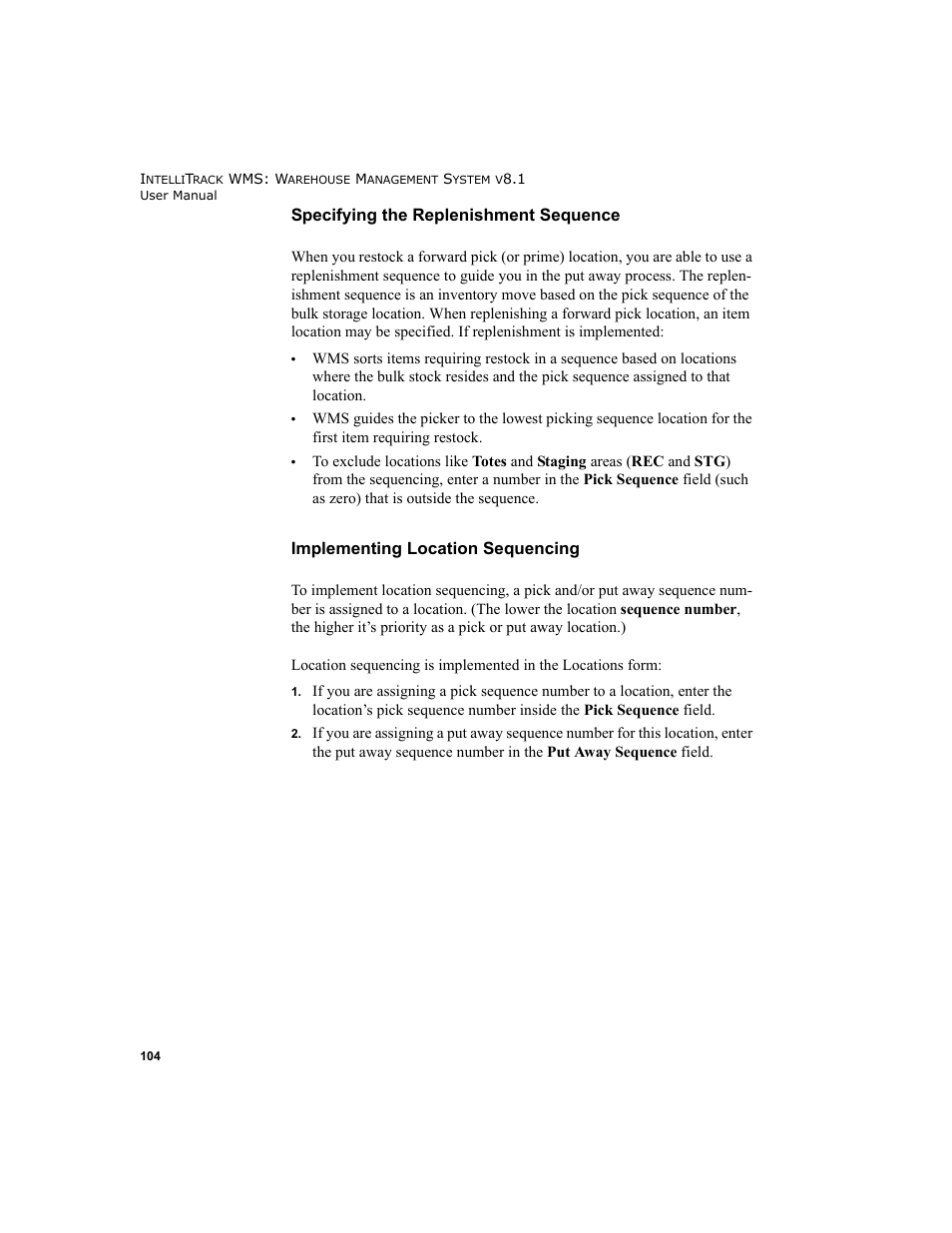 Specifying the replenishment sequence, Implementing location sequencing | IntelliTrack WMS – Warehouse Management System User Manual | Page 130 / 466