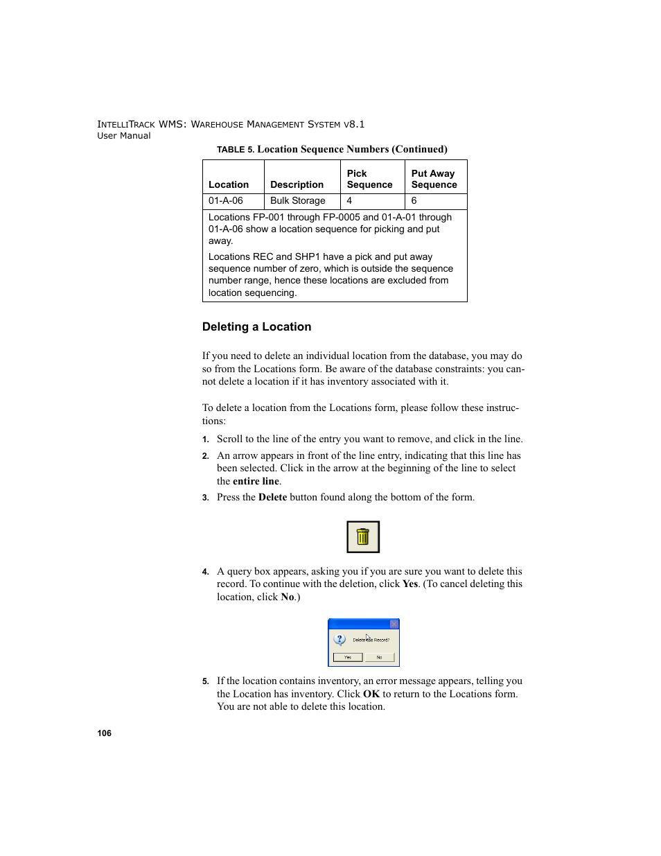 Deleting a location | IntelliTrack WMS – Warehouse Management System User Manual | Page 132 / 466