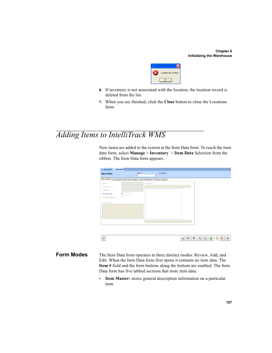 Adding items to intellitrack wms, Form modes, Adding items to intellitrack | Adding items to intellitrack wms” on | IntelliTrack WMS – Warehouse Management System User Manual | Page 133 / 466