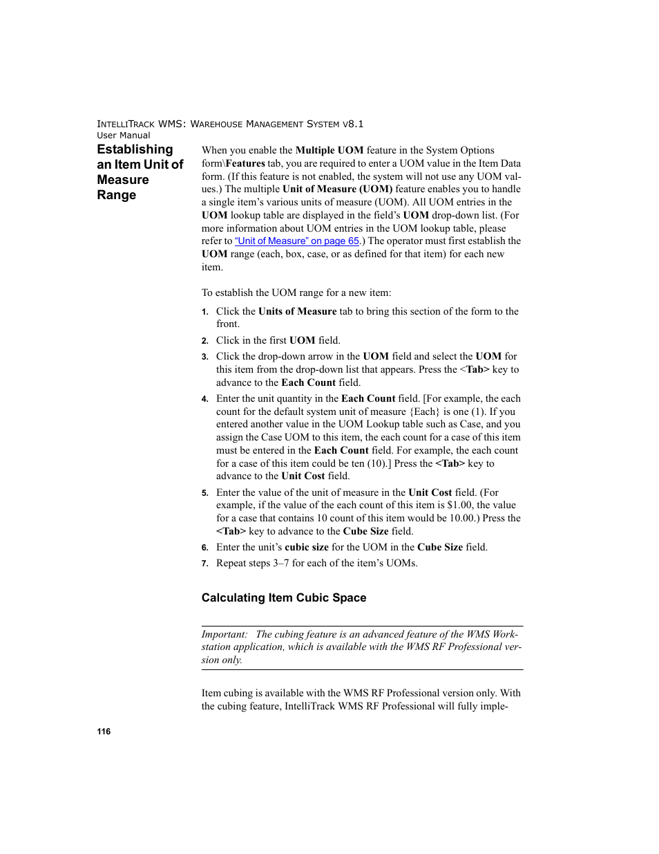 Establishing an item unit of measure range, Calculating item cubic space, Establishing an item | IntelliTrack WMS – Warehouse Management System User Manual | Page 142 / 466