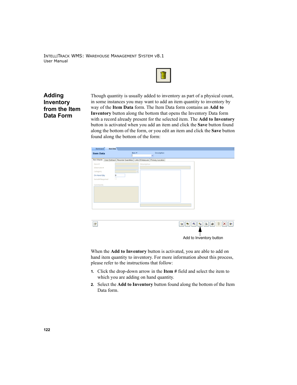 Adding inventory from the item data form | IntelliTrack WMS – Warehouse Management System User Manual | Page 148 / 466