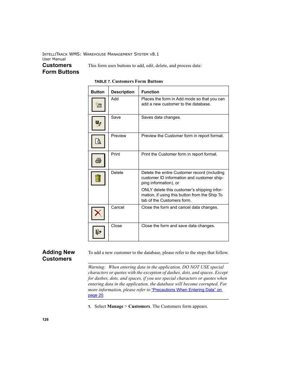Customers form buttons, Adding new customers, Customers form buttons adding new customers | IntelliTrack WMS – Warehouse Management System User Manual | Page 152 / 466