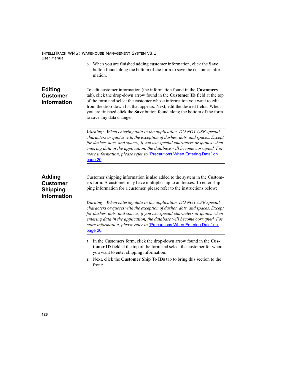 Editing customer information, Adding customer shipping information | IntelliTrack WMS – Warehouse Management System User Manual | Page 154 / 466