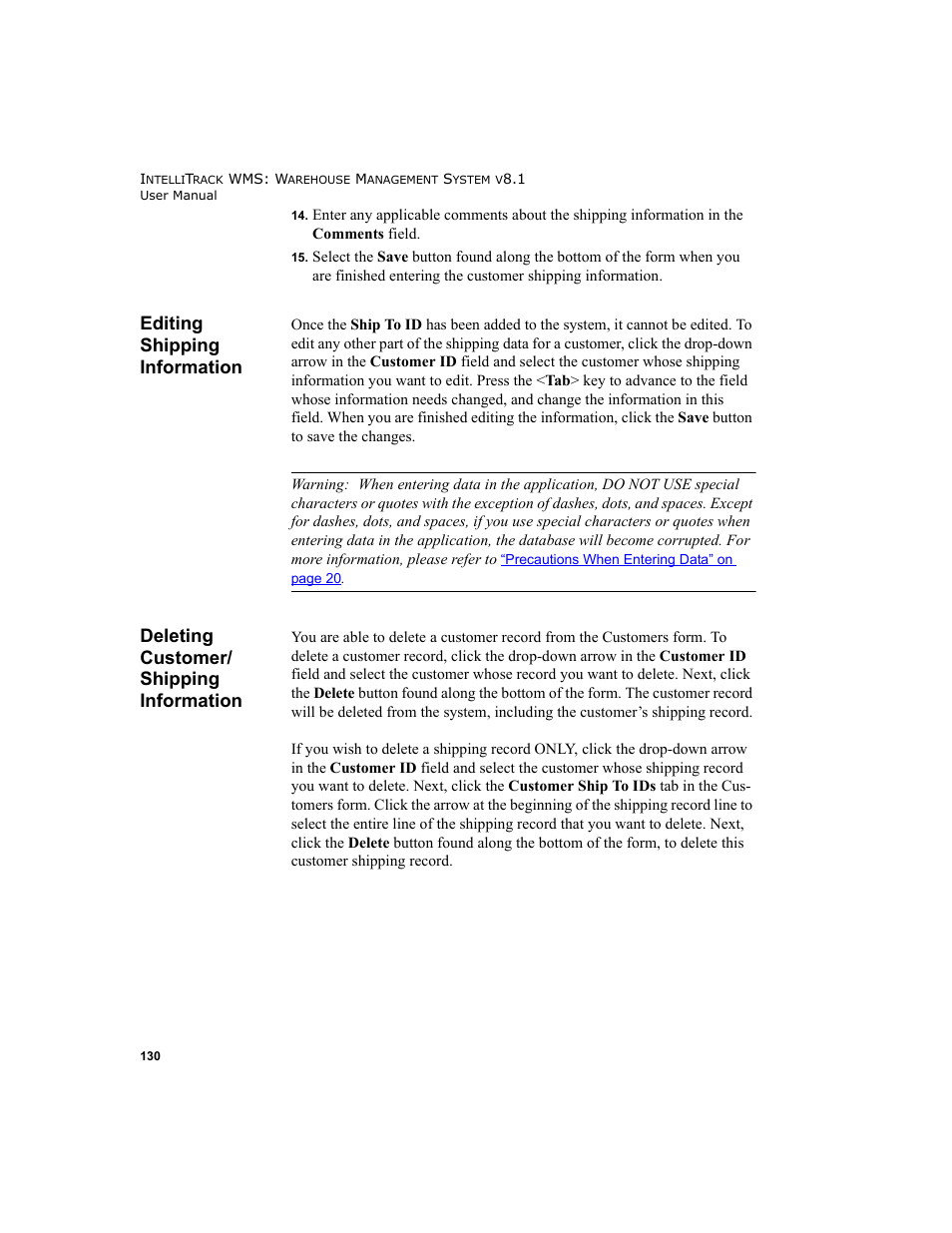 Editing shipping information, Deleting customer/ shipping information, Deleting customer/shipping information | IntelliTrack WMS – Warehouse Management System User Manual | Page 156 / 466