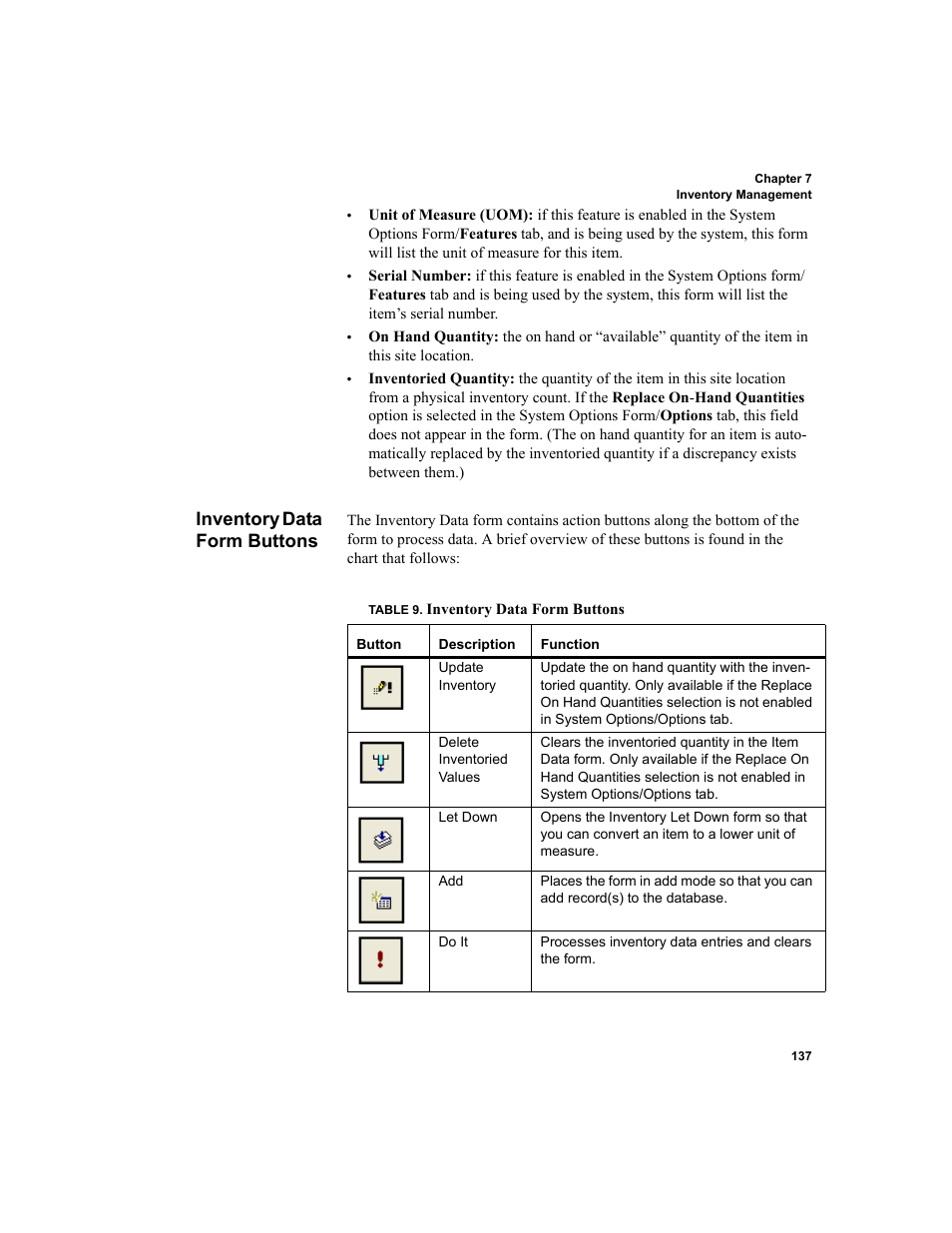 Inventory data form buttons | IntelliTrack WMS – Warehouse Management System User Manual | Page 163 / 466