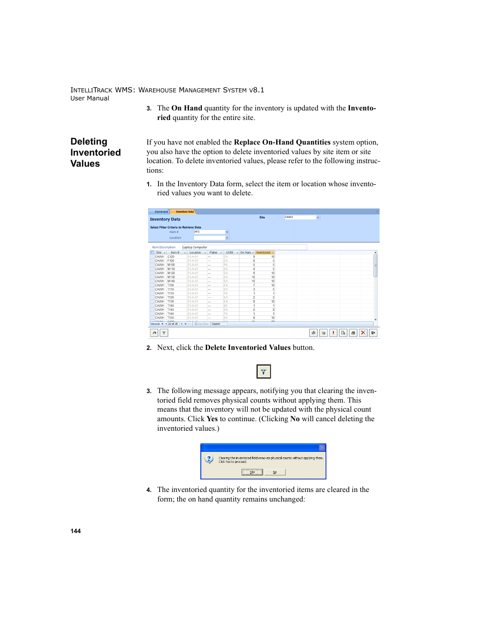 Deleting inventoried values | IntelliTrack WMS – Warehouse Management System User Manual | Page 170 / 466