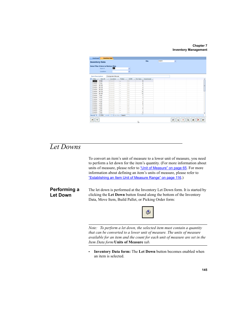 Let downs, Performing a let down | IntelliTrack WMS – Warehouse Management System User Manual | Page 171 / 466