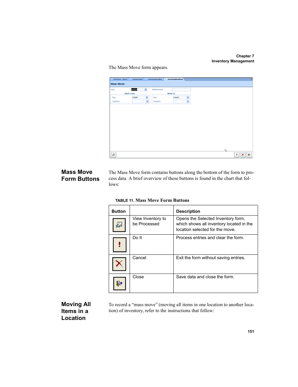 Mass move form buttons, Moving all items in a location | IntelliTrack WMS – Warehouse Management System User Manual | Page 177 / 466