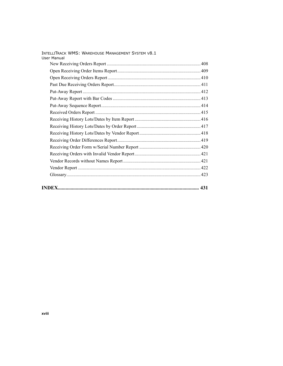 Index | IntelliTrack WMS – Warehouse Management System User Manual | Page 18 / 466