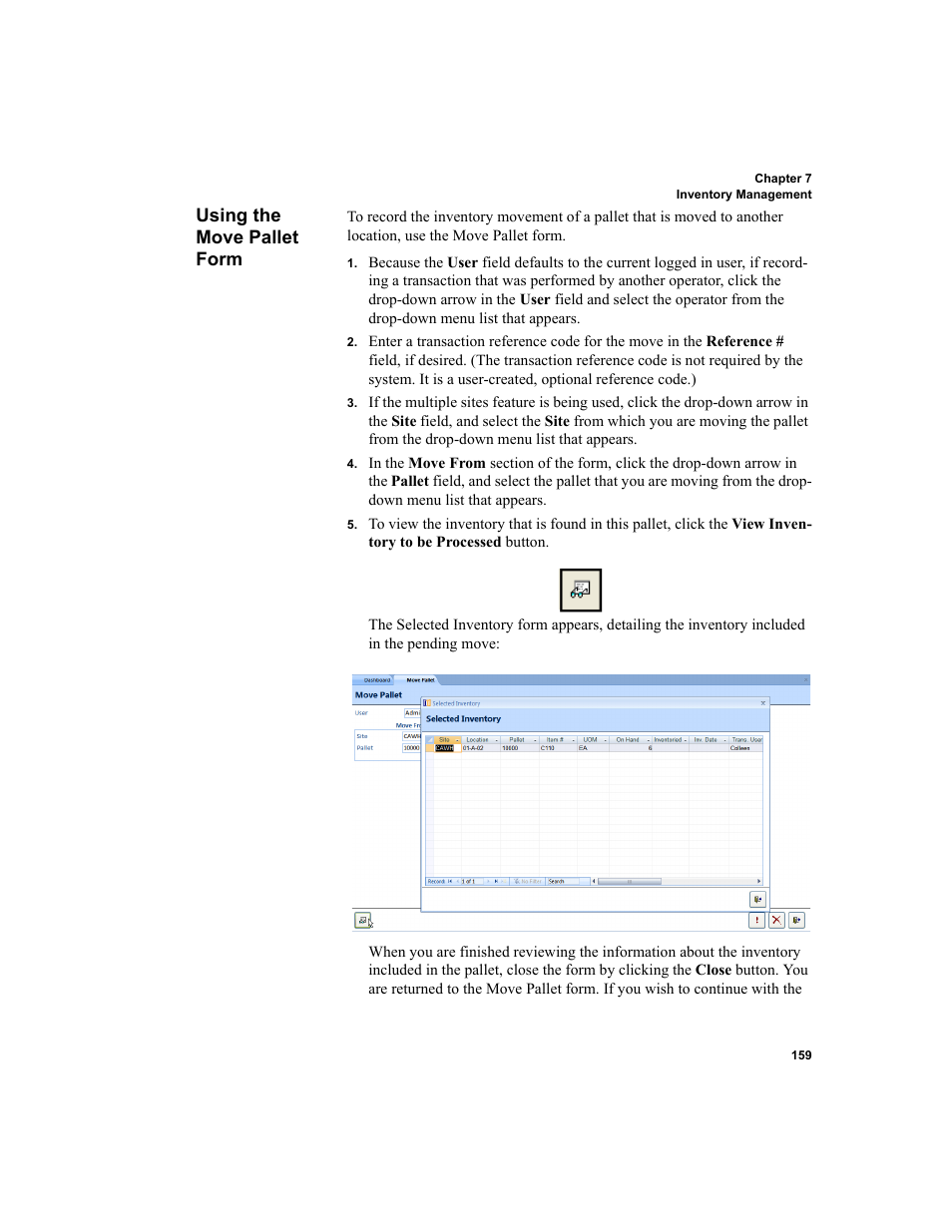 Using the move pallet form | IntelliTrack WMS – Warehouse Management System User Manual | Page 185 / 466