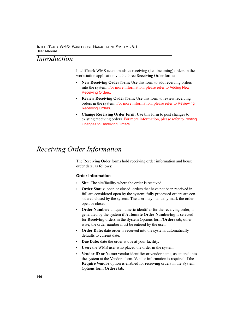 Introduction, Receiving order information, Introduction receiving order information | IntelliTrack WMS – Warehouse Management System User Manual | Page 192 / 466