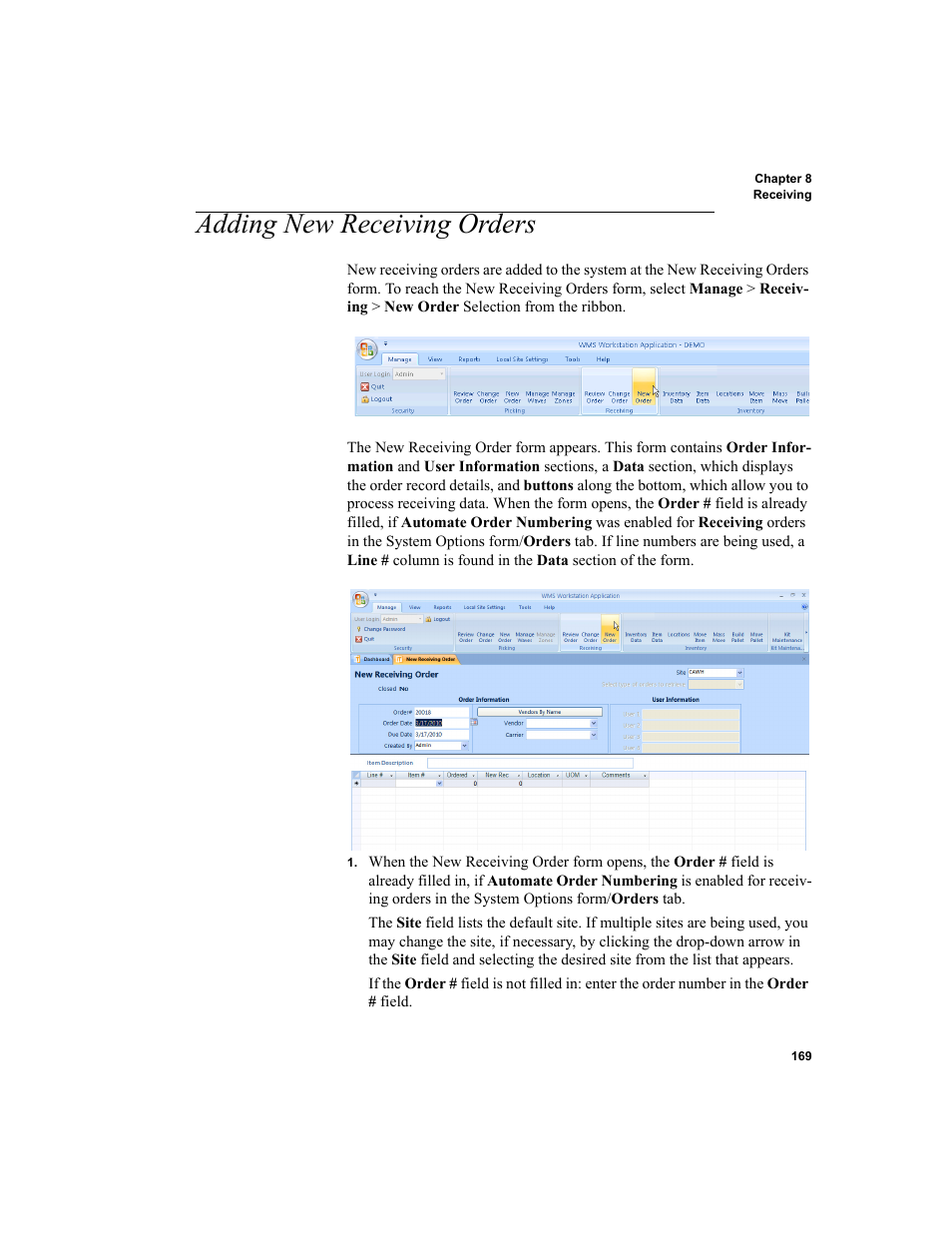 Adding new receiving orders, R to, Adding new | Receiving orders | IntelliTrack WMS – Warehouse Management System User Manual | Page 195 / 466