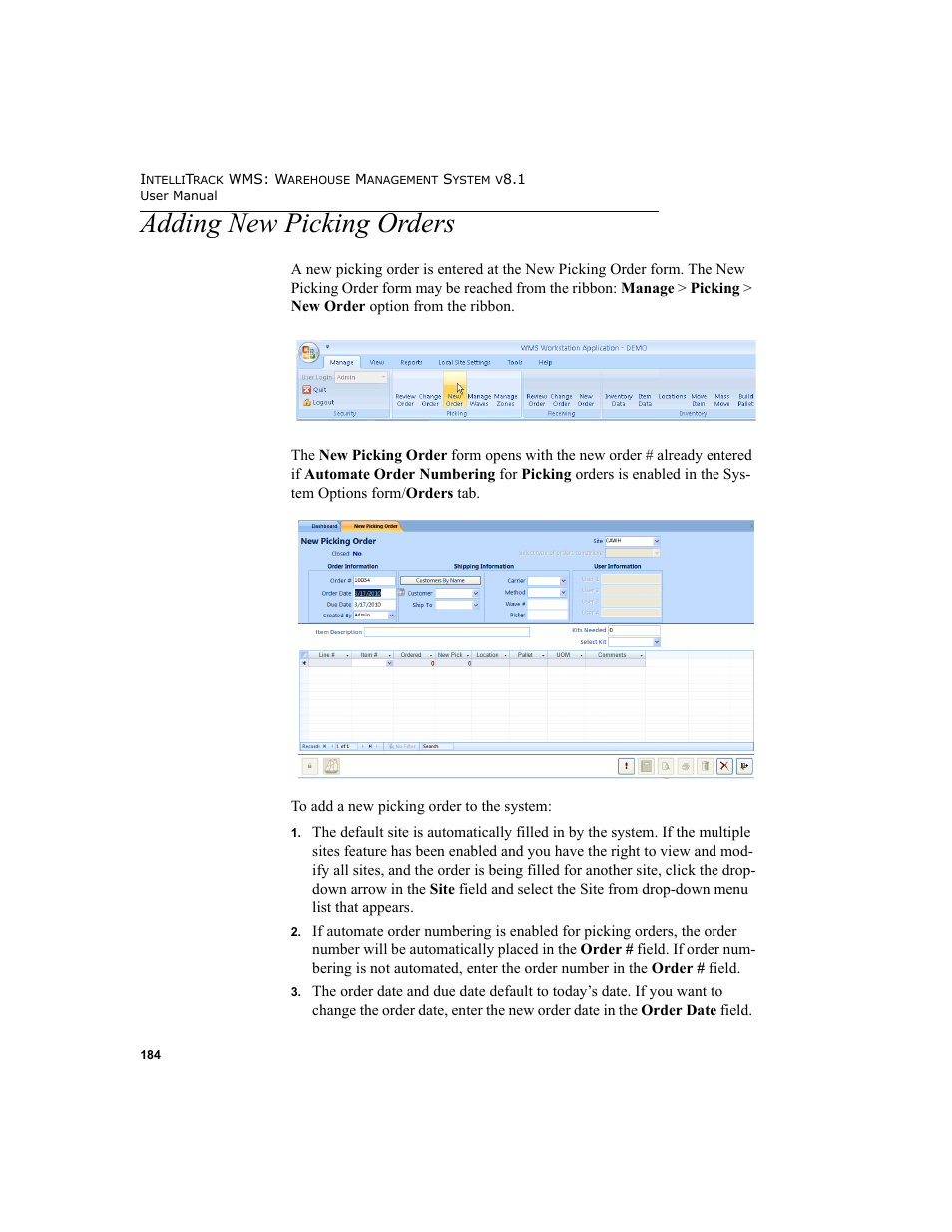 Adding new picking orders | IntelliTrack WMS – Warehouse Management System User Manual | Page 210 / 466