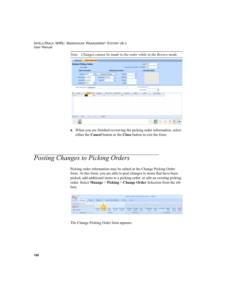 Posting changes to picking orders | IntelliTrack WMS – Warehouse Management System User Manual | Page 214 / 466