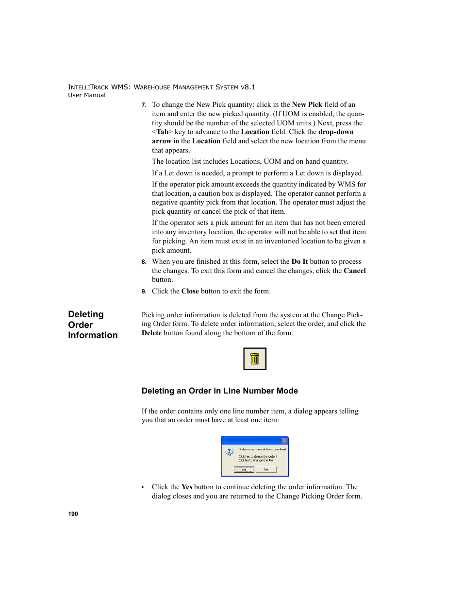 Deleting order information, Deleting an order in line number mode | IntelliTrack WMS – Warehouse Management System User Manual | Page 216 / 466