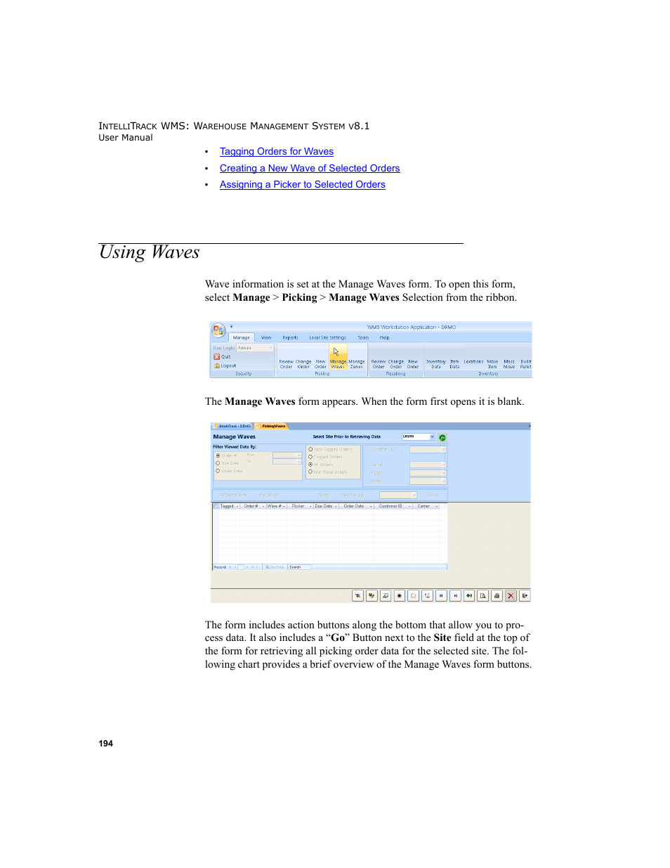 Using waves | IntelliTrack WMS – Warehouse Management System User Manual | Page 220 / 466