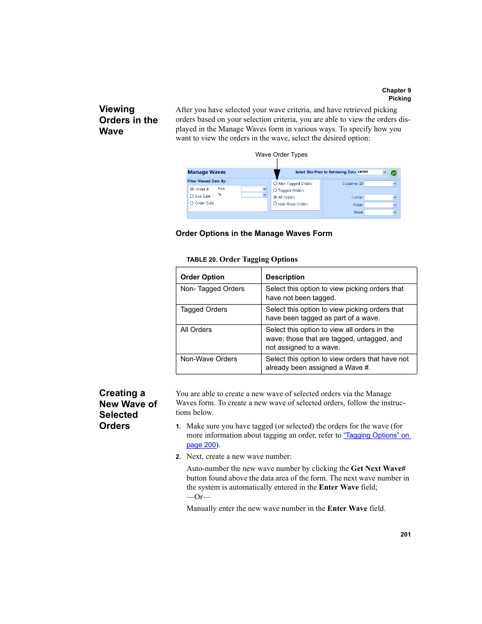 Viewing orders in the wave, Creating a new wave of selected orders | IntelliTrack WMS – Warehouse Management System User Manual | Page 227 / 466